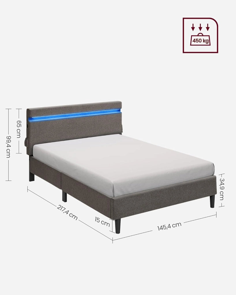 VASAGLE Struttura Letto Matrimoniale in Metallo, 140 x 190 cm, Letto a Doghe con Testiera, con Luci a LED, Porta USB e TYPE-C, Base per Materasso, Moderno, Grigio Scuro RMB802G71