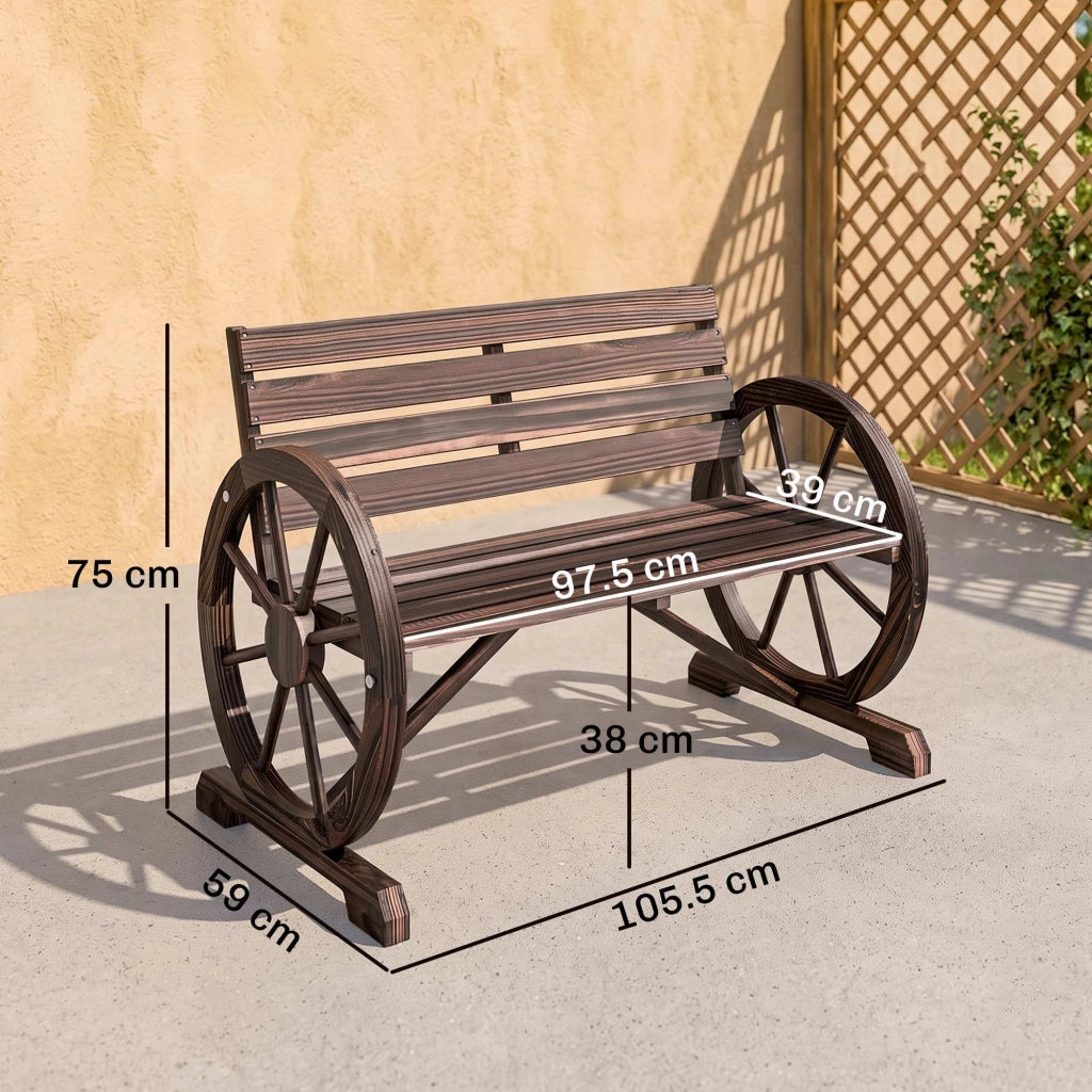 Panchina da Giardino da 2 Posti con Braccioli a Ruota, Panchina da Esterno a Doghe in Legno di Abete, Stile Country, 105.5x59x75 cm, Marrone