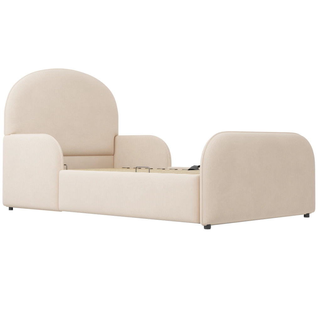 Letto per bambini imbottito 90x200 cm con contenitore idraulico e sponde di sicurezza