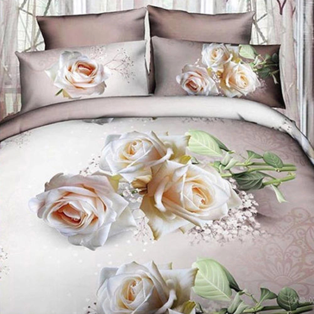 Trade Shop - Completo Letto 3d Lenzuola Matrimoniale Sotto Sopra Copricuscini Rose Bianche -
