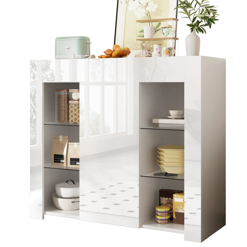 Credenza con 1 Anta e Ripiani in Vetro; Frontale Bianco Lucido; Stile Moderno; in Pannello Truciolare; 95??35??83 cm