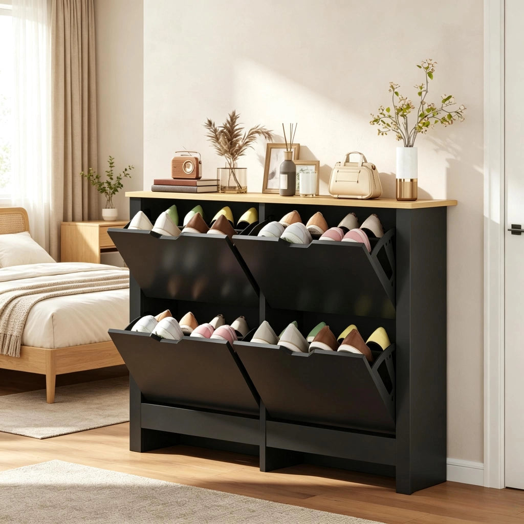Scarpiera con 4 ante a ribalta e ripiani regolabili, in truciolare E1, per ingresso e cabina armadio, nero, 105 × 26 × 80 cm