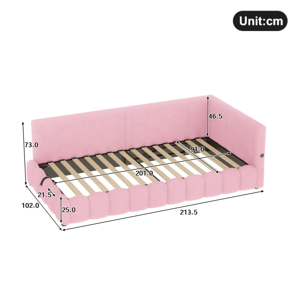 Letto 90x200 cm con contenitore; LED e USB Tipo-C rosa