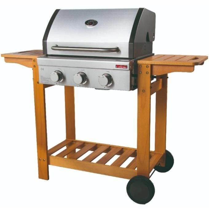 Sandrigarden AUSTRALIA Barbecue a gas 3 bruciatori in acciaio inox 10,8 kW con griglie in ghisa e ripiani in legno FSC (115x58x131 cm) colore Nero