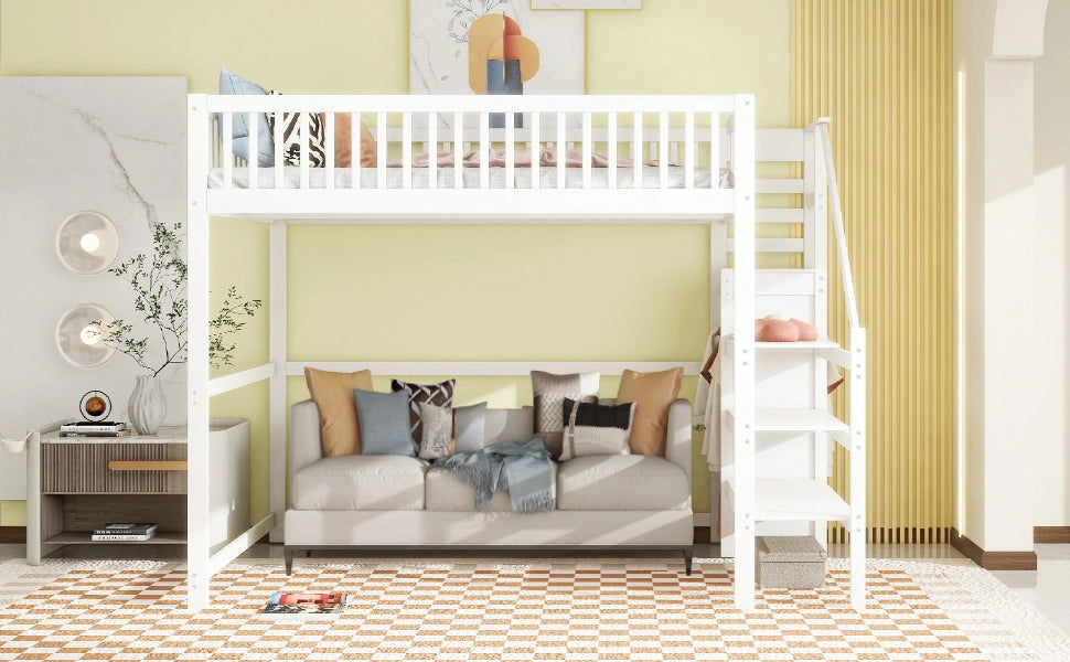 DESMIU Letto a Soppalco Letto Matrimoniale con Scala, Armadio e Ripiani, 140 × 200 cm, senza materasso, Bianco