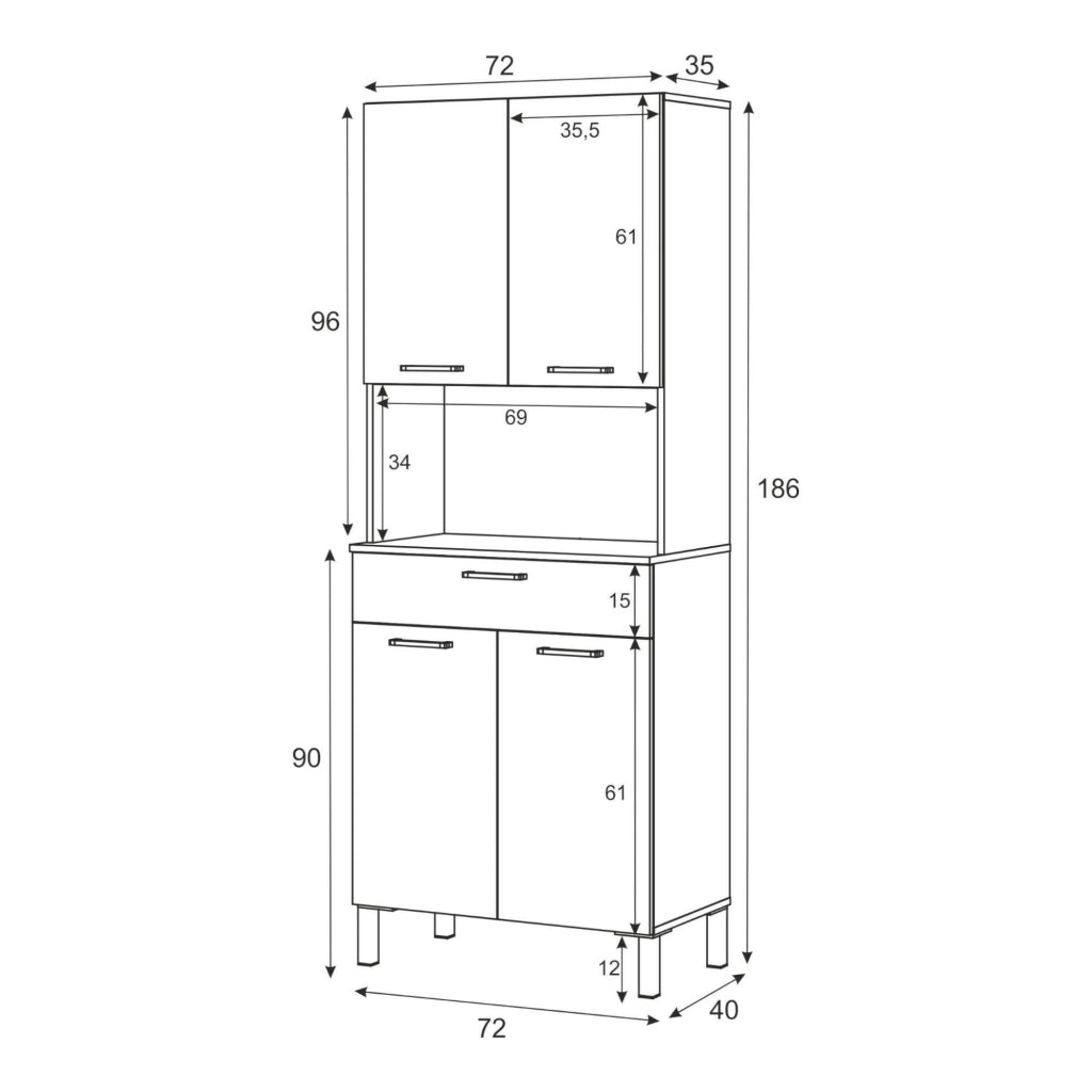 Armadio multiuso Dicentra, Mobile ausiliario da cucina, Credenza a 4 ante e 1 cassetto con ripiani, Armadio aperto, cm 72x40h186, Bianco e Rovere