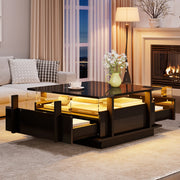 Tavolino da salotto nero lucido 70x70 cm con luci LED e 2 cassetti