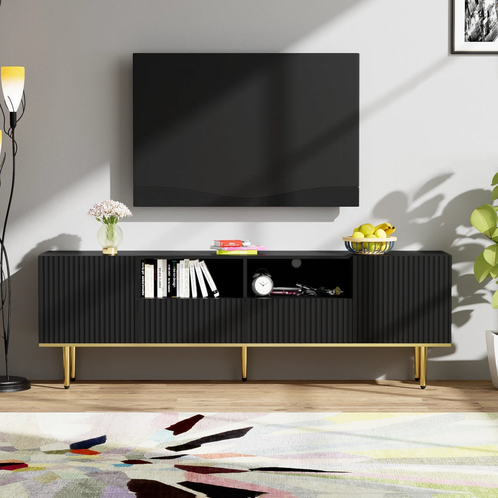 OKWISH Mobile TV con 2 Vani e 2 Cassetti, Apertura a Pressione, per Soggiorno, Pannello di Particelle, Nero, 165×36×55 cm