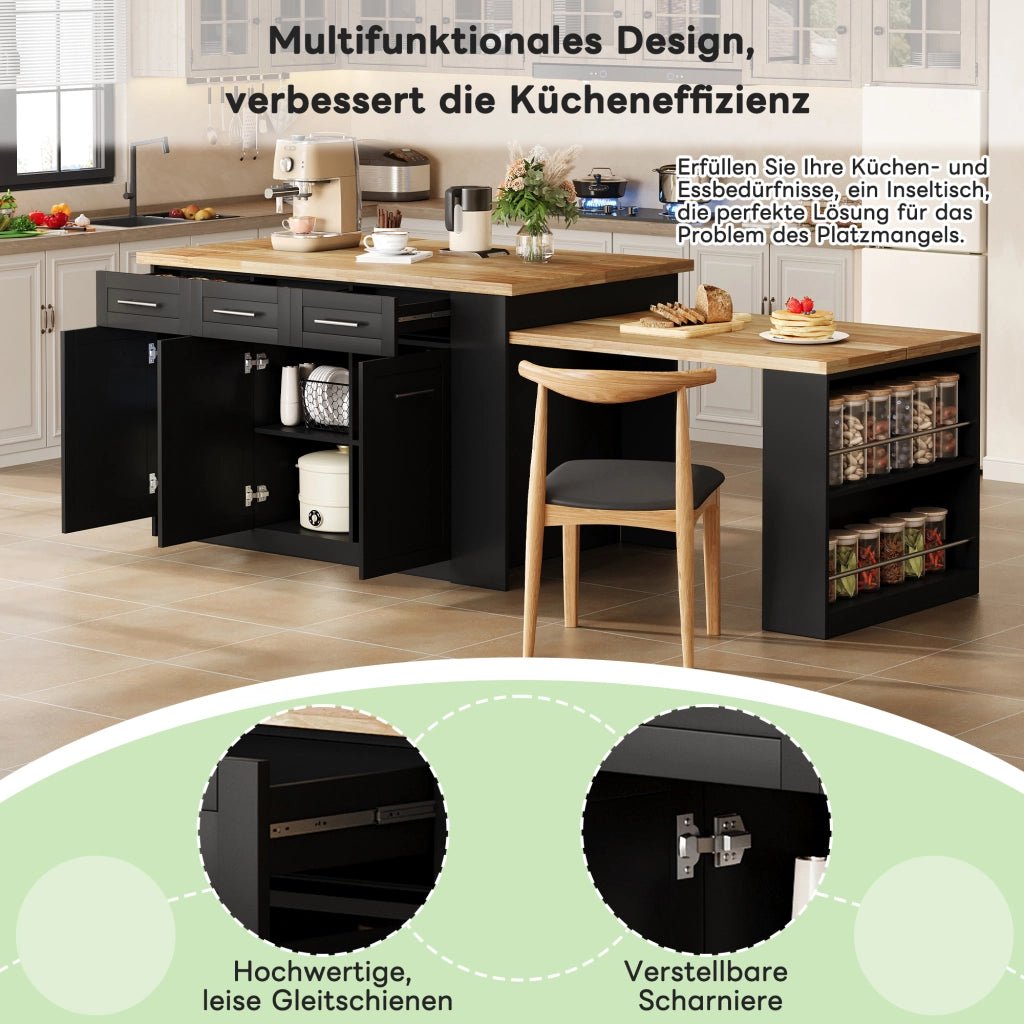 ISOLA CUCINA Multifunzionale 150x90x90 cm Nero/Naturale con tavolo estraibile