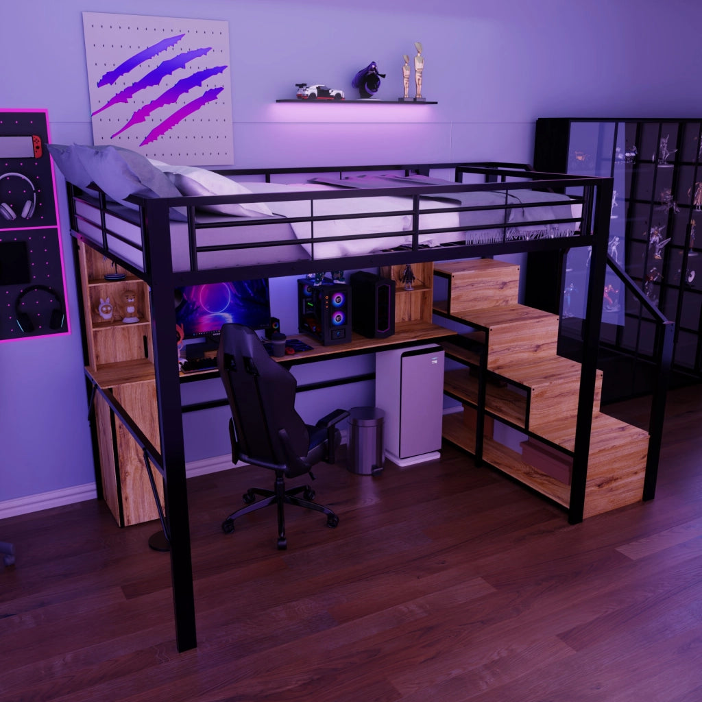 Letto a soppalco 140 × 200 cm con scrivania; armadio; scala contenitore e USB in metallo e MDF nero