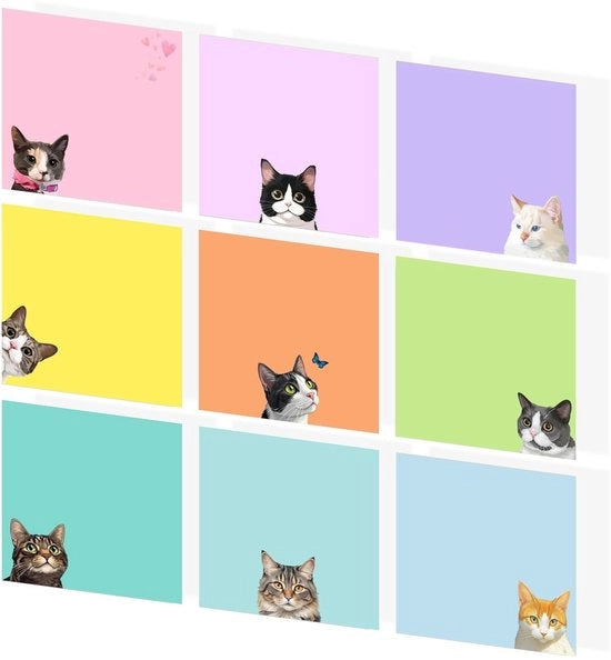 Blocchi di appunti 9 fogli - Notizie adesive - Disegni di gatti - Adesivo super resistente - Carta di alta qualità - Codifica di colore creativa
