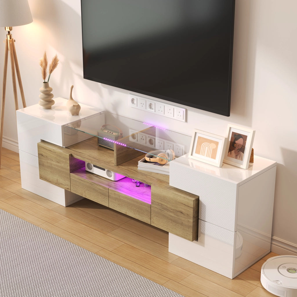 Mobile TV con 6 Ante; 2 Cassetti e LED Multicolore; Bianco Lucido e Oro; 145??30??51 cm; in Pannello Truciolare