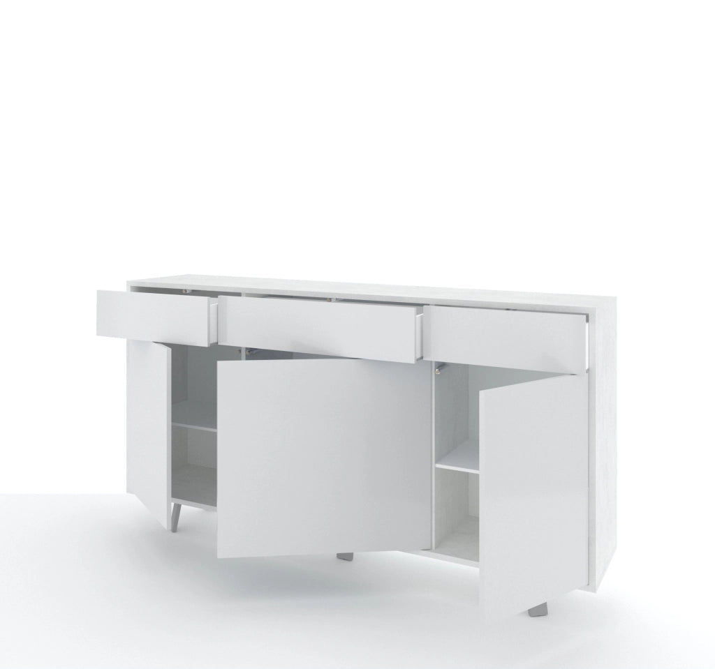 Credenza 3 ante/3 cassetti VELBRUK bianco pietra/bianco lucido