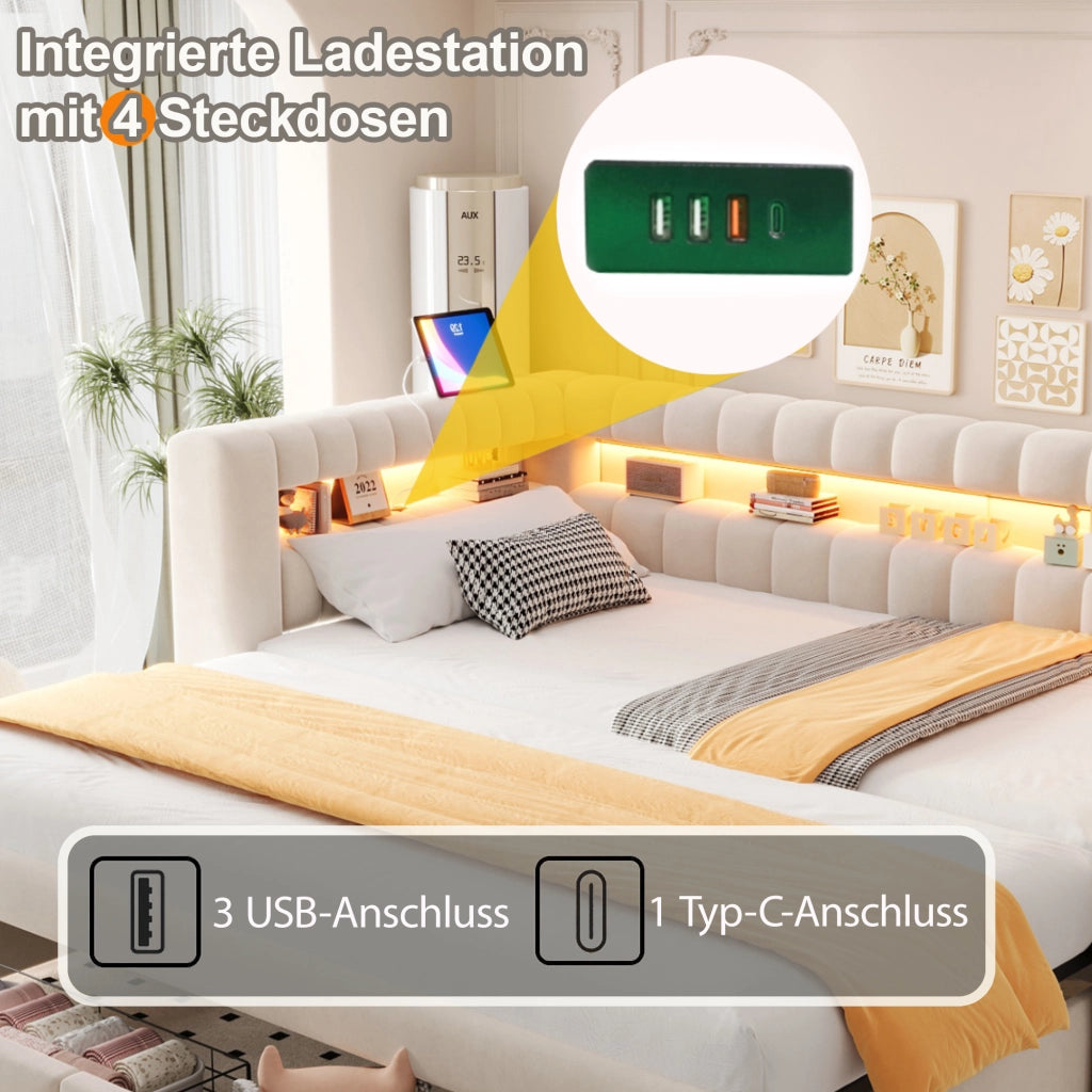 Letto estraibile imbottito in velluto beige con due cassetti vani contenitore LED USB e Type-C