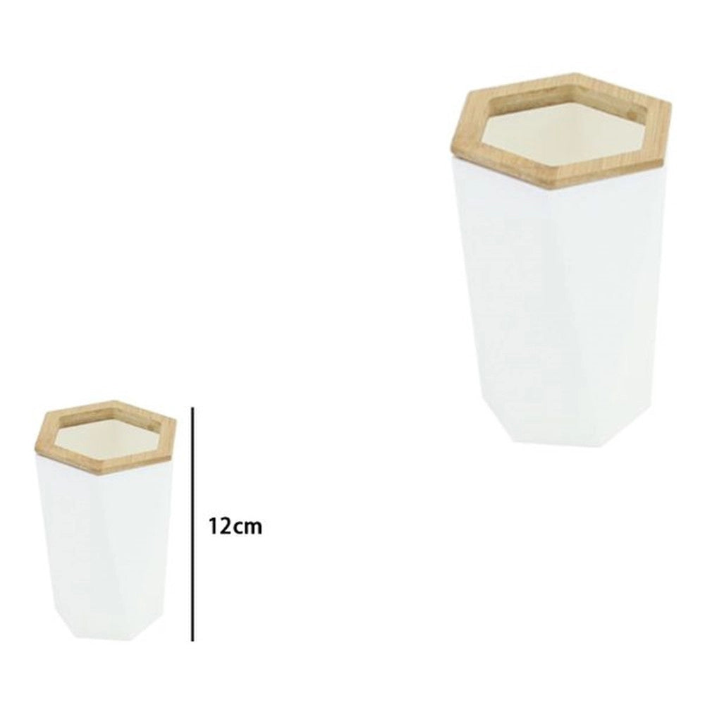 Trade Shop - Bicchiere Porta Spazzolini A Cilindro Esagonale Geometrico Bianco Legno Da Bagno 10837 -