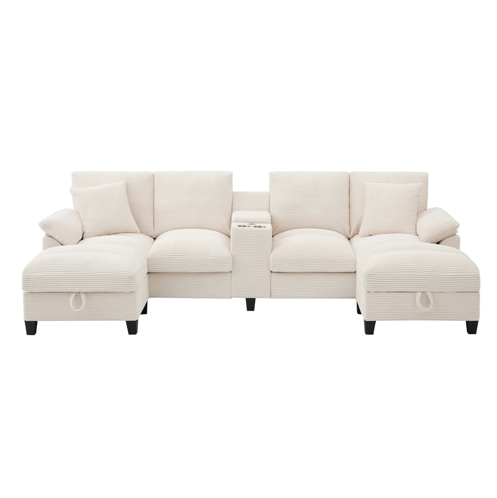 Divano modulare a U 4 posti in velluto a coste beige con USB