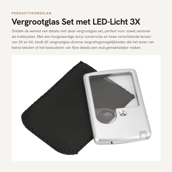 Set di ingrandimento con luce LED - 3X e 6X obiettivo - Portatile e resistente alle abrasioni - Inclusa custodia in pelle - Ideale per anziani e appassionati