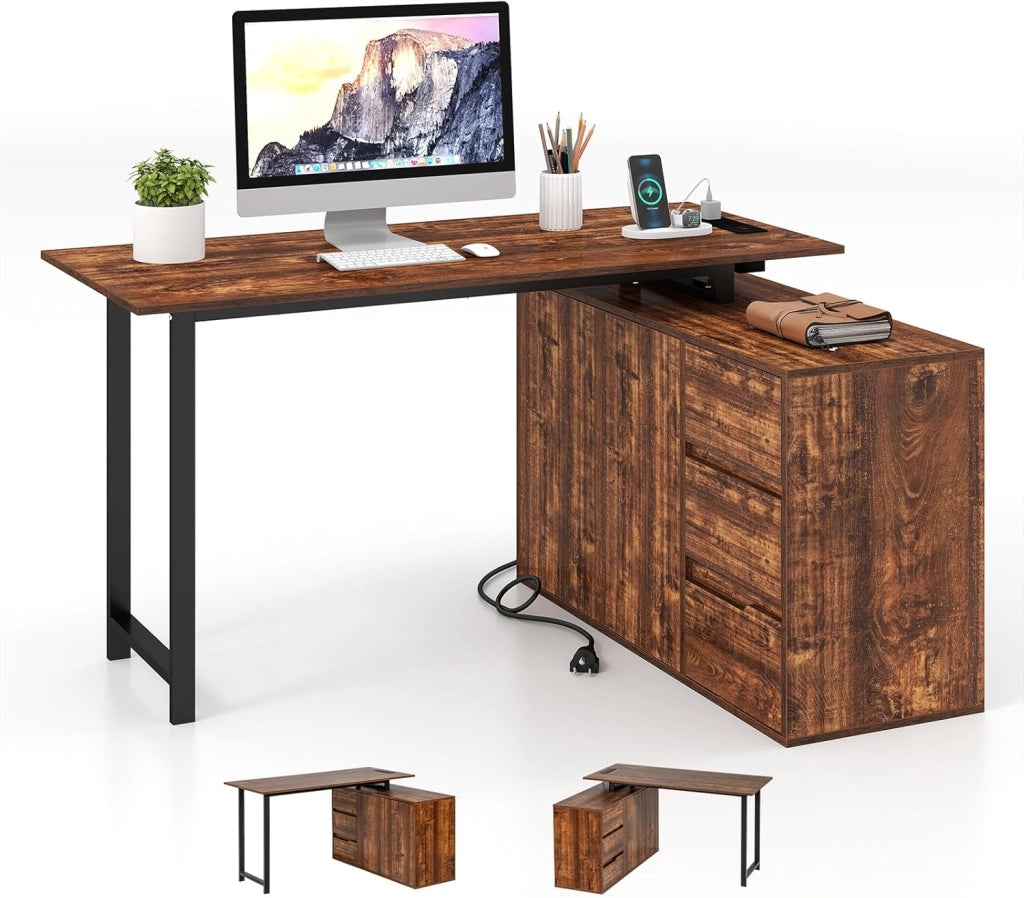 Scrivania da Studio a Forma di L, Scrivania Angolare Reversibile da 138 cm con Armadietto, Cassetti e Stazione di Ricarica (Marrone)