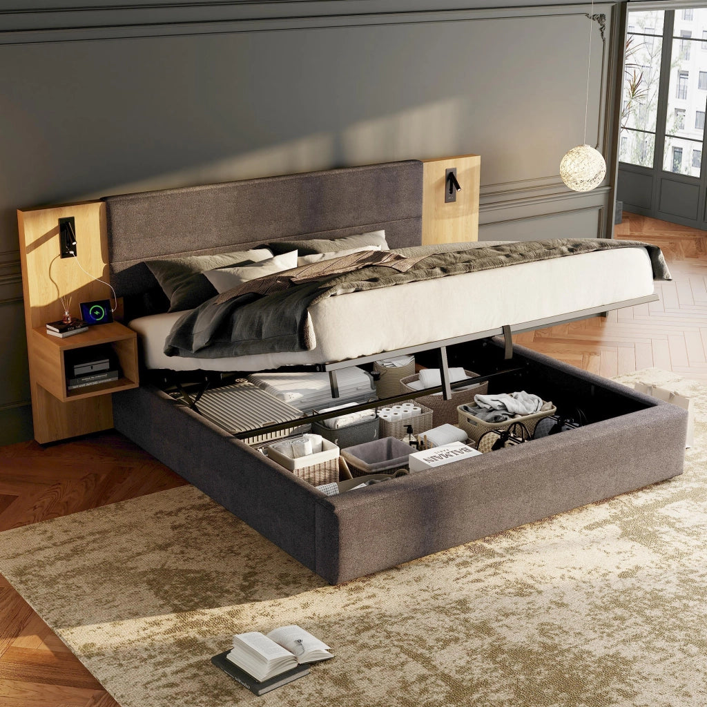 Letti contenitori 160x200 cm; con contenitore; USB e luci; velluto; naturale e grigio (Senza materasso)