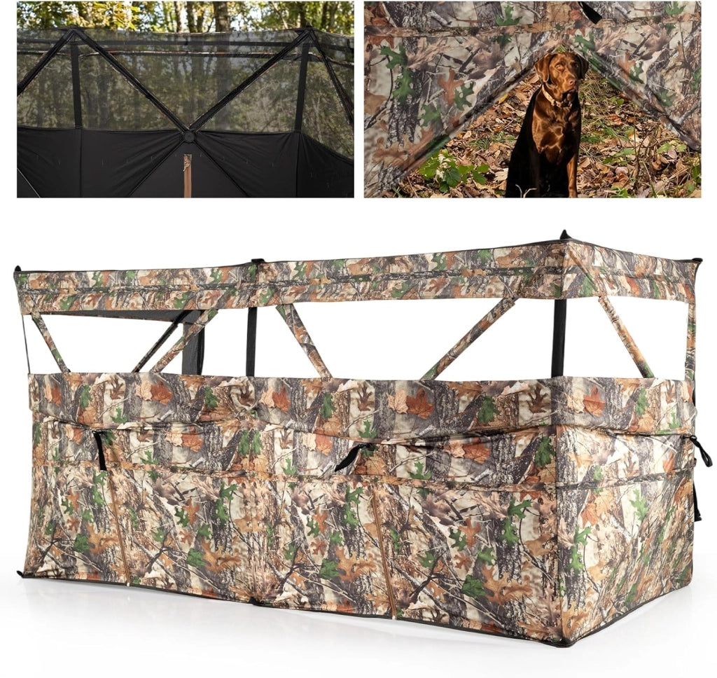 Barriera di Caccia Mimetico a 3 Lati Portatile 360°, Nascondiglio Pop-up 1-3 Persone con Porta per Cani, Tessuto Oxford con Borsa Trasporto, per Fotografia Naturale e Caccia