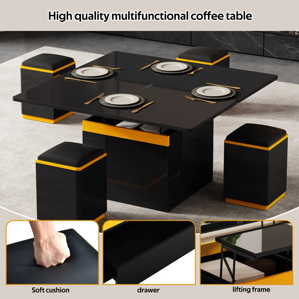 Tavolino da Salotto Sollevabile con 4 Pouf e Contenitore per Soggiorno 100 × 50 × 43 cm