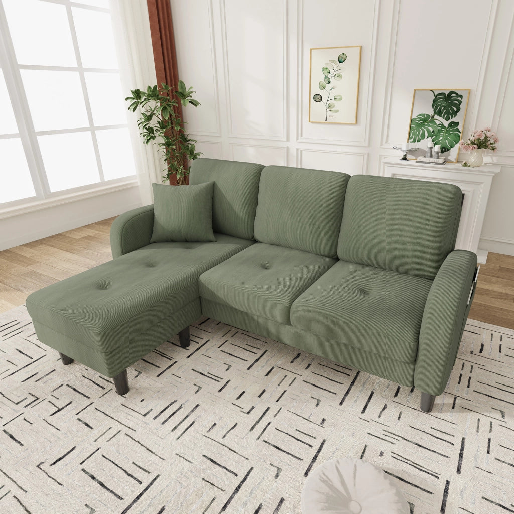 Divano angolare reversibile 3 posti con chaise longue modulare per soggiorno, in corda e schiuma, Verde