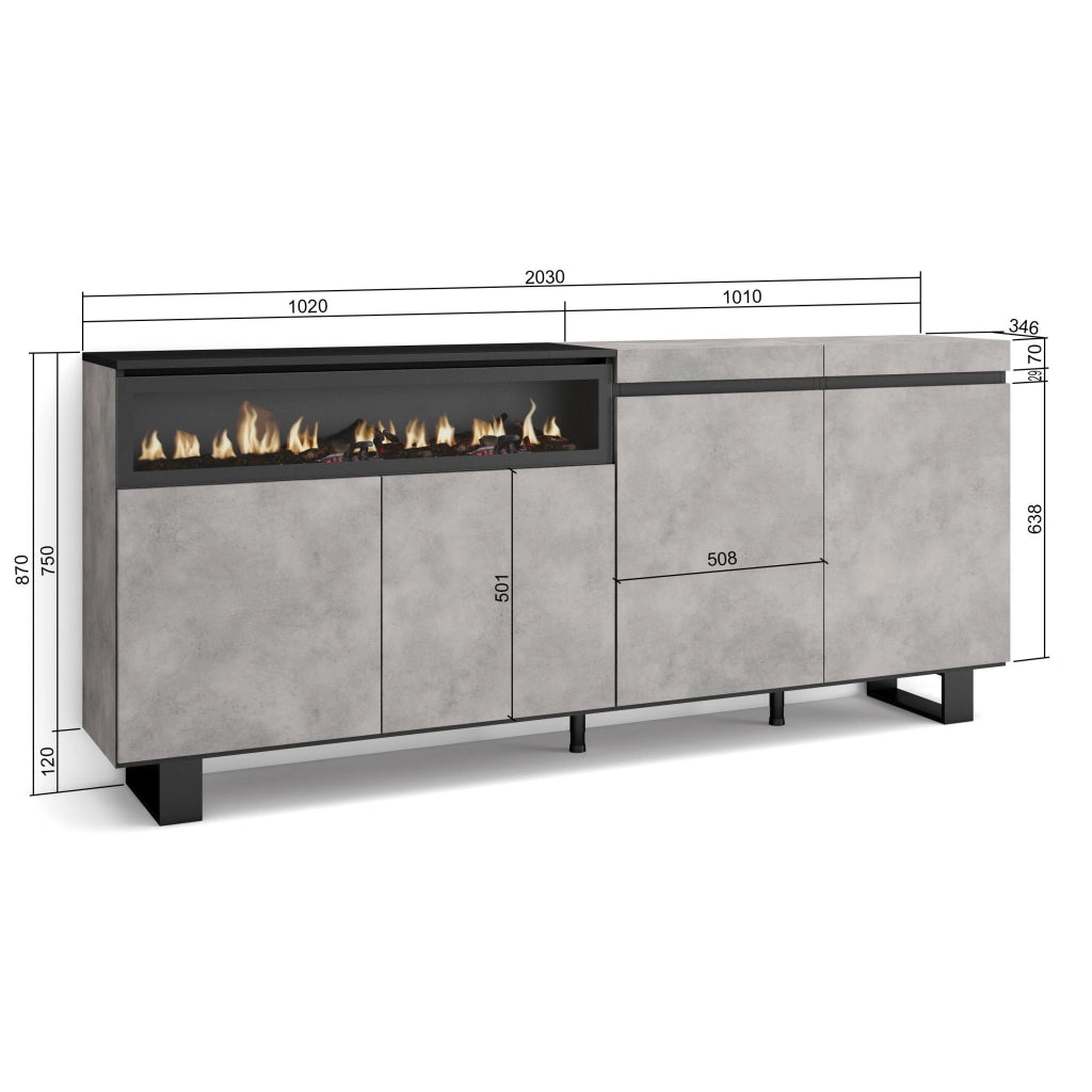 Credenza, Mobile, 200x35x87cm, 4 Porte, Camino elettrico, Design industriale, grigio cemento RF2370