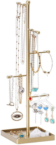 Standarizzatore di gioielli a 6 livelli con organizzatore di accessori a T-bar, supporto per catena e anello per bracciali, display metallico appeso con cassetta per anelli e accessori per donne e ragazze - dorato