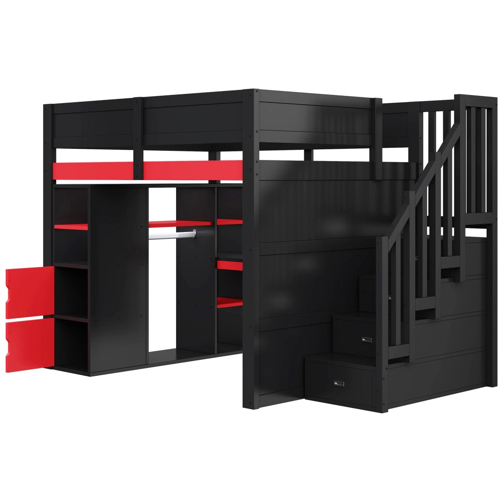 Letto a soppalco gaming 140x200 cm con scrivania; LED e scala contenitore; nero e rosso