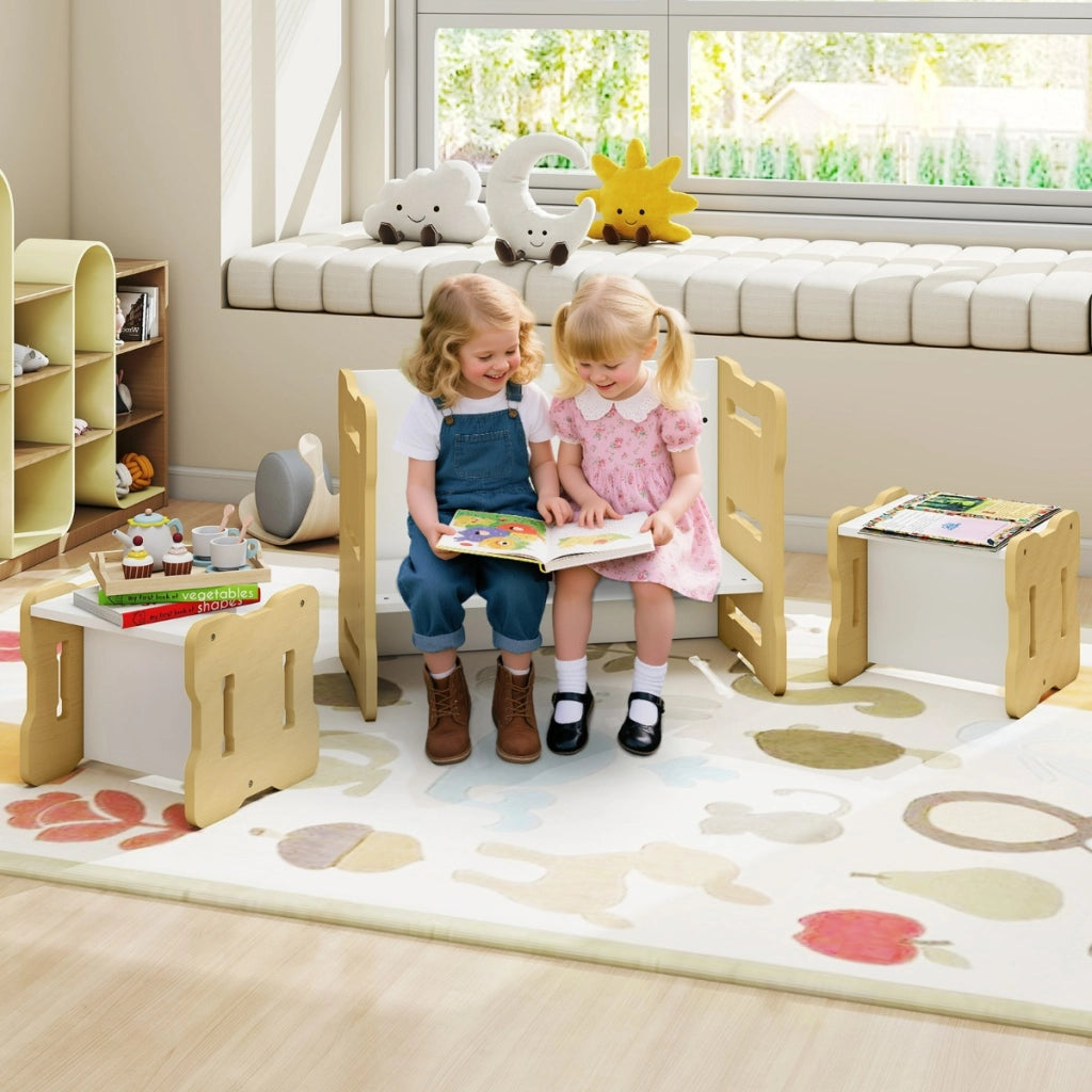 Set 3 pezzi per bambini con 2 sgabelli e tavolo attivit¨¤, Set tavolo e sedia per bambini per casa e asilo Legno naturale