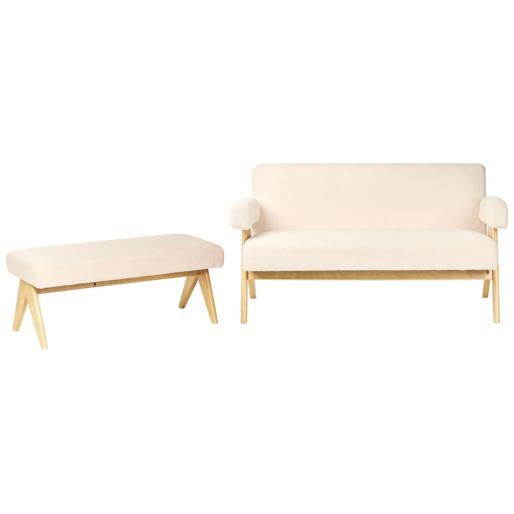Set di divani Bianco Sporco e marrone chiaro Divano a 2 posti Panca Boucle Rivestimento Retro Design Gambe di legno Soggiorno