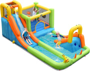 Castello Gonfiabile 8 in 1, Parco Acquatico con 2 Scivoli, Trampolino, Parete da Arrampicata, Canestro e Palla da Basket, Inclusi 3 Anelli, 3 Palline Bersaglio e Kit di Riparazione