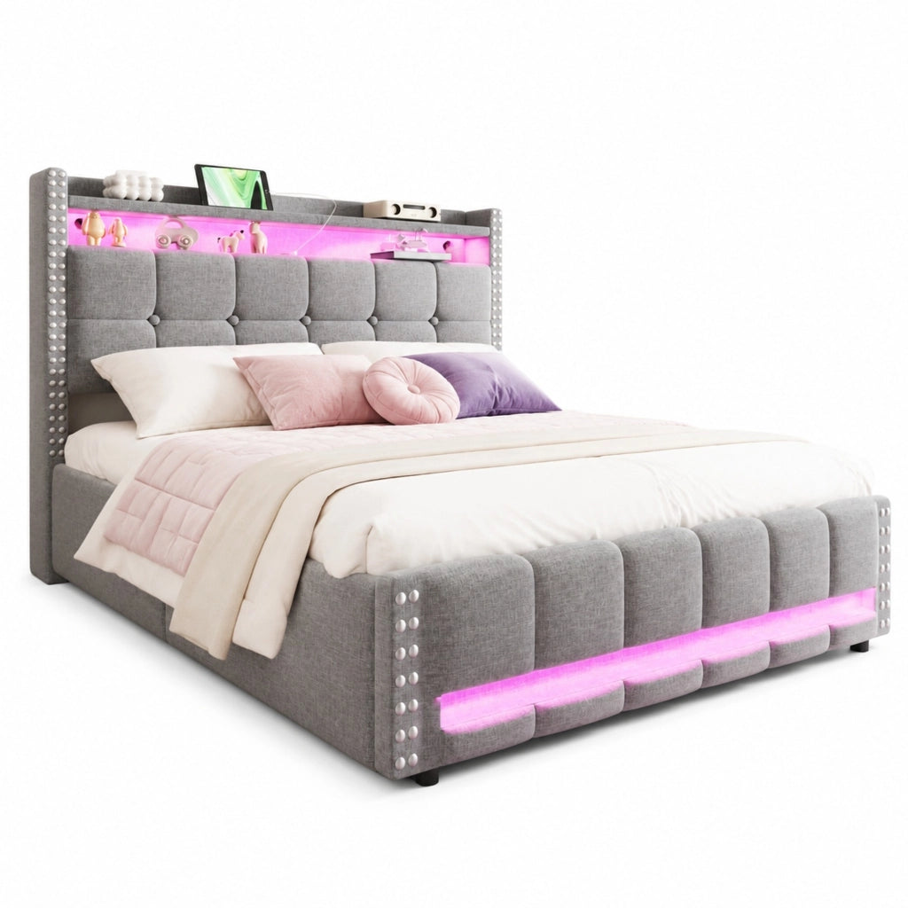 Letto imbottito 160x200 cm con LED, porta USB, testiera con ripiani e contenitore idraulico, tessuto effetto lino grigio chiaro