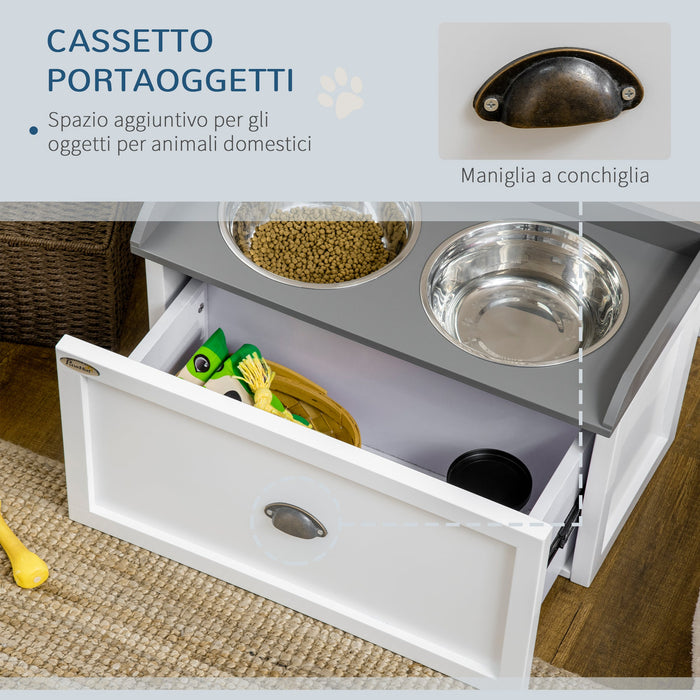 Ciotole per Cani Rialzate 60x30x36 cm con Cassetto in Acciaio Inox e Legno Bianco e Grigio
