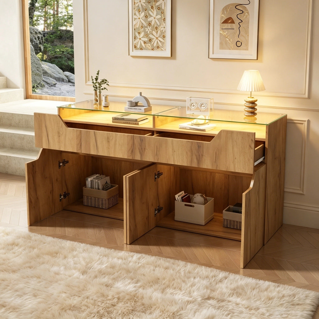 SIDEBOARD 140x40x70 cm MDF effetto legno naturale con piano in vetro temperato