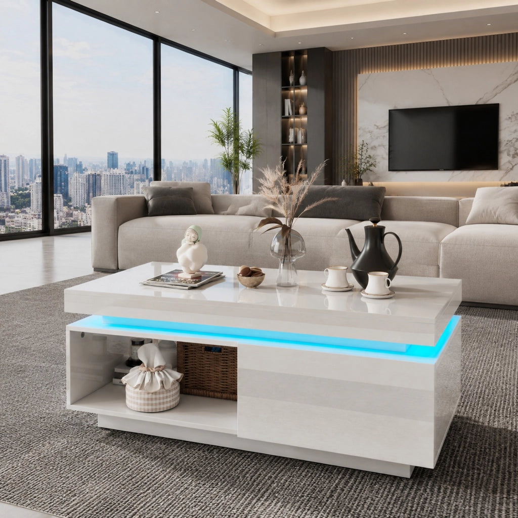 Set mobile TV lucido bianco con tavolino e illuminazione LED