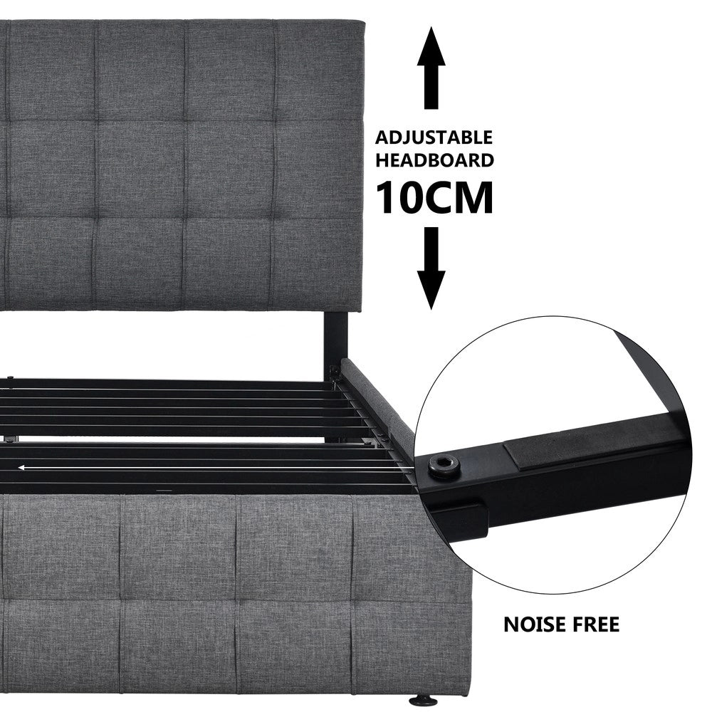 Letto Imbottito Contenitore con 4 Cassetti e Testiera ¨C MINIMAL ¨C 140x200, Grigio, con Materasso