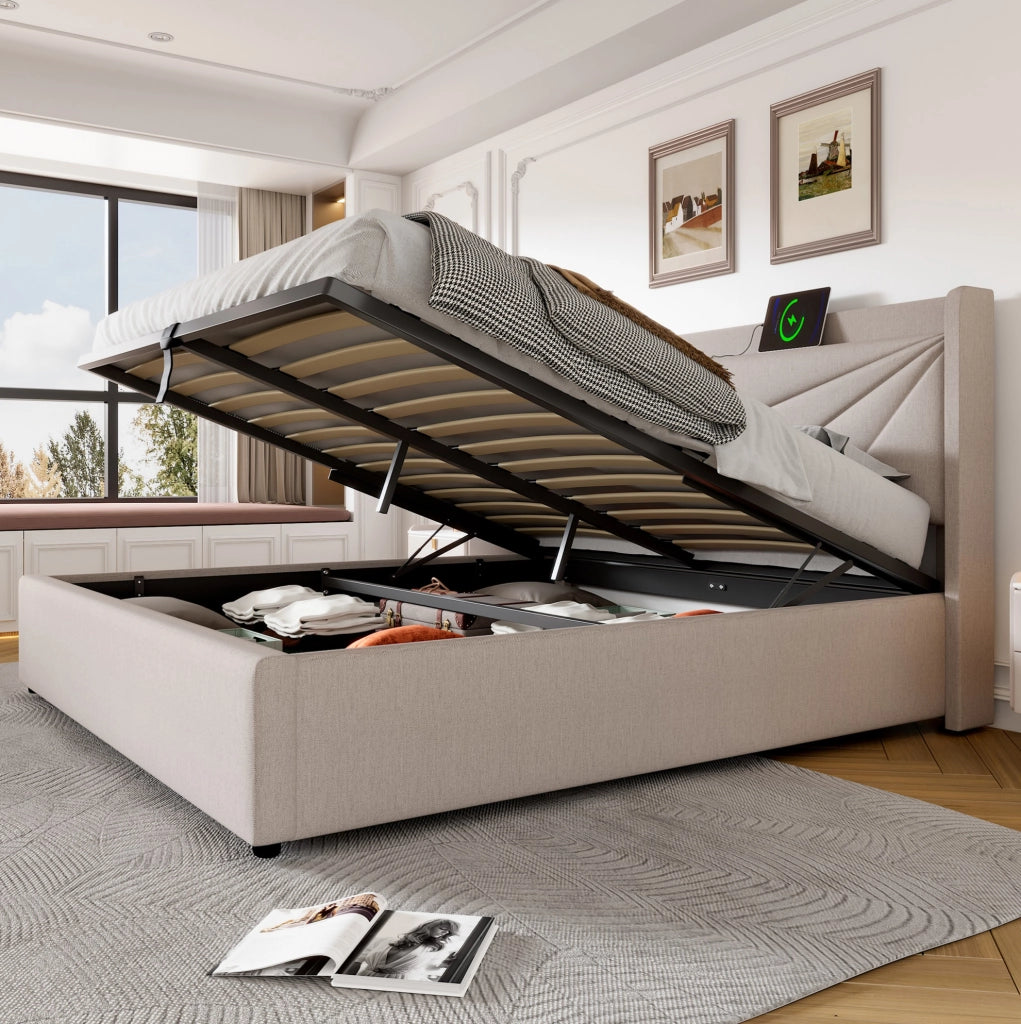 Letto matrimoniale beige 160x200 con contenitore, USB e USB-C