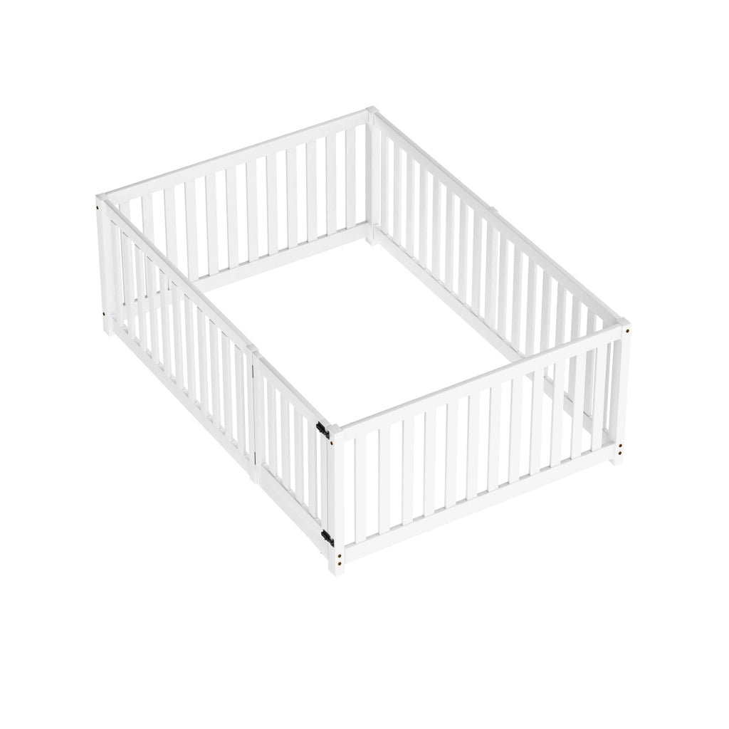 Letto a terra per bambini 140x200 cm in legno con sponde e cancelletto; senza rete; bianco