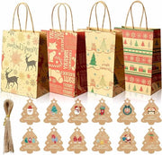 Confezioni regalo per Natale - Sacchetti regalo in carta con manigliona - 12 pezzi - 4 stili - Imballo regalo per occasioni speciali - 21 x 15 x 8 cm - 48 etichette