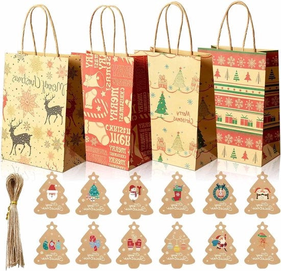 Confezioni regalo per Natale - Sacchetti regalo in carta con manigliona - 12 pezzi - 4 stili - Imballo regalo per occasioni speciali - 21 x 15 x 8 cm - 48 etichette