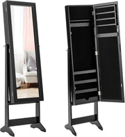 Armadietto Portagioie con Specchio Intero, per orecchini, anelli, collane, cosmetici, Armadio per Gioie da Terra per Camera da Letto, 35 x 30 x 144 cm (NERO)