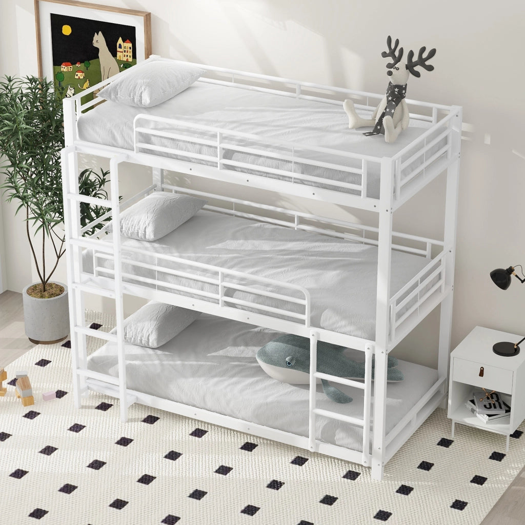 Letto a Castello Triplo 3 Posti in Metallo con Scala e Sponde; 90 × 200 cm; senza Materasso; Bianco