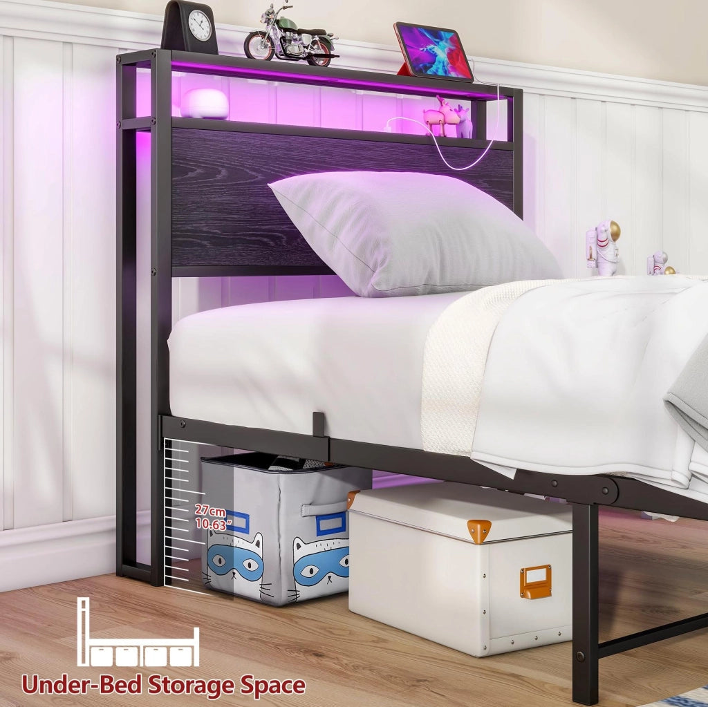 Letto singolo 90x200 in metallo e MDF con testiera a 2 vani; USB e presa; nero