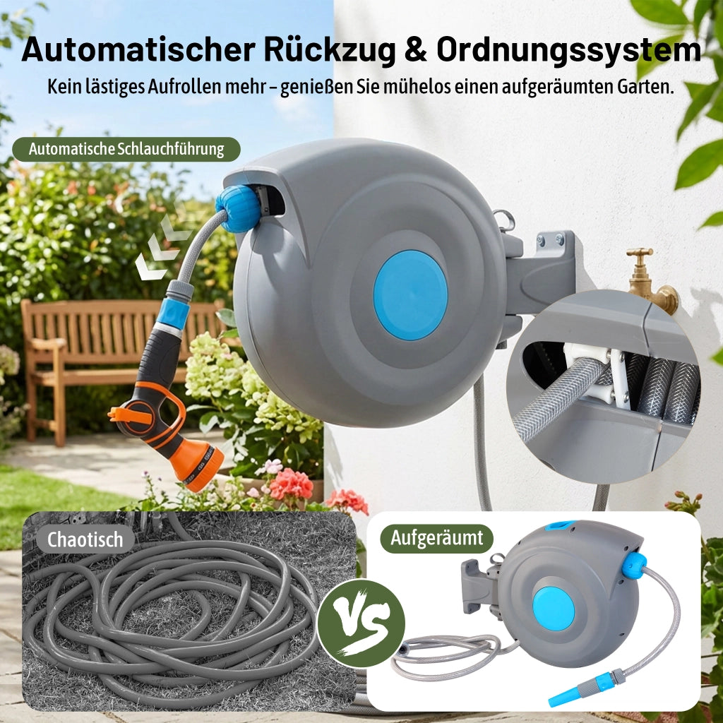 Avvolgitubo da 20 m a parete con riavvolgimento automatico, avvolgitubo da giardino e pistola a spruzzo 9 in 1, resistente ai raggi UV e al gelo,