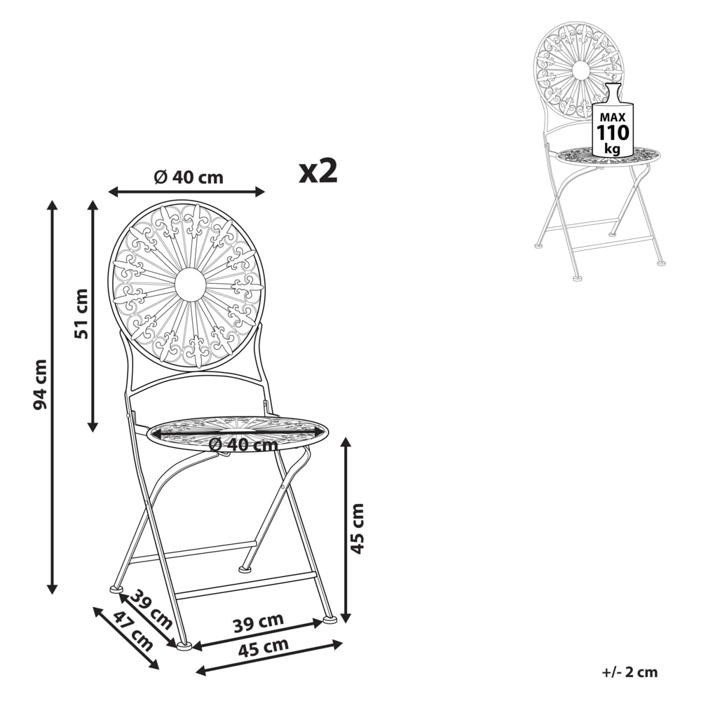 Set di 2 sedie da giardino Bistrot in ferro bianco pieghevole per esterni Effetto affilato Resistenza alla ruggine UV Stile retrò francese
