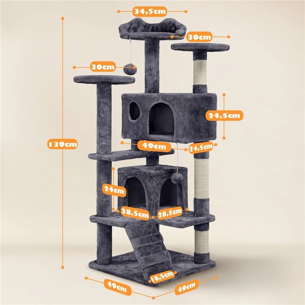 Yaheetech Albero Tiragraffi per Gatti 139 cm con 3 Pali Graffiatoi 3 Posatoi 2 Grotta 2 Pompon in Peluche a Più Livelli Giocattolo Gioco Grigio Scuro