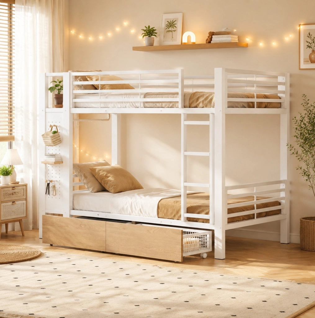 Letto a castello 90x200 cm in MDF e metallo bianco con LED; 2 cassetti e vano appendiabiti