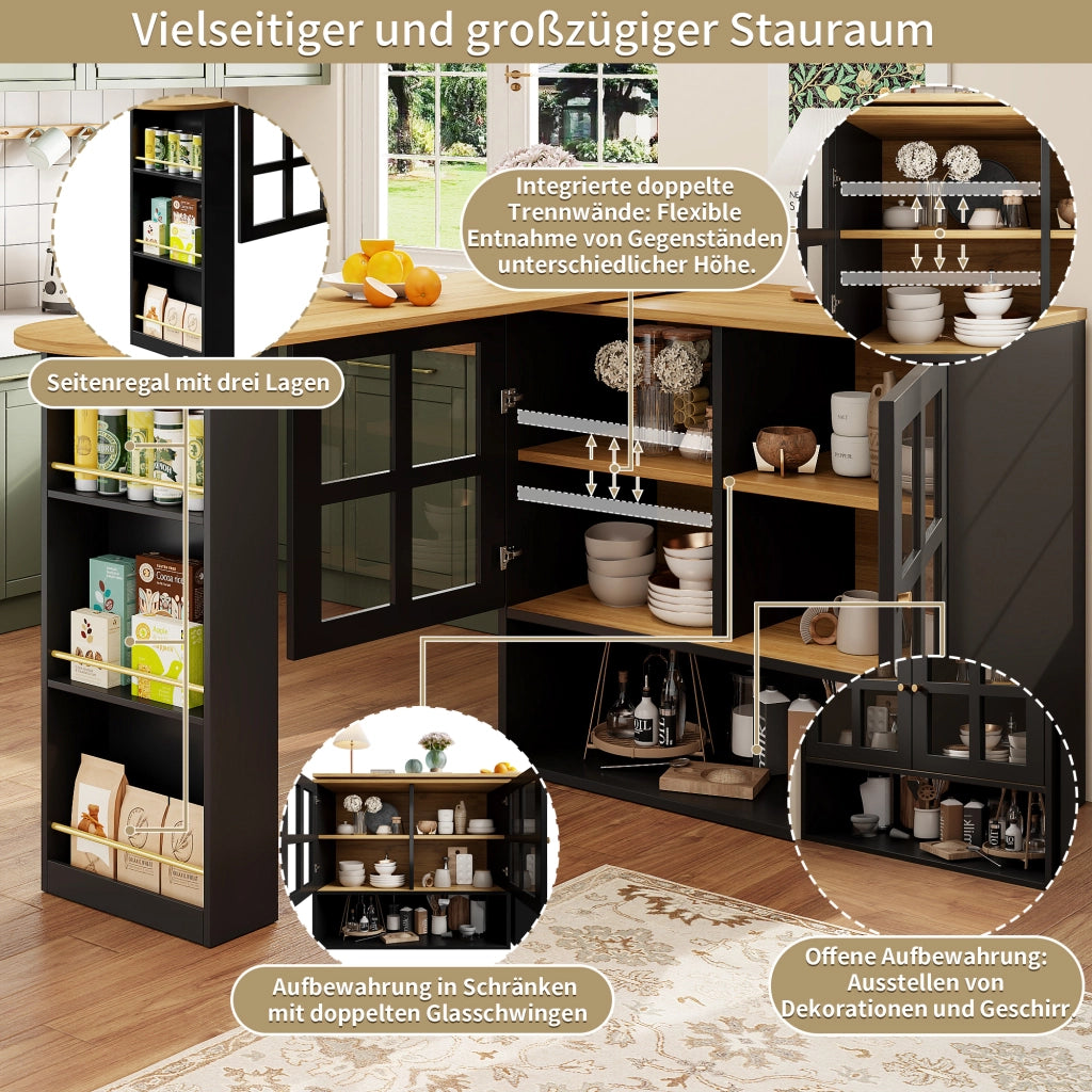 CREDENZA Girevole 138-204x39x102,5 cm MDF Nero con ante in vetro
