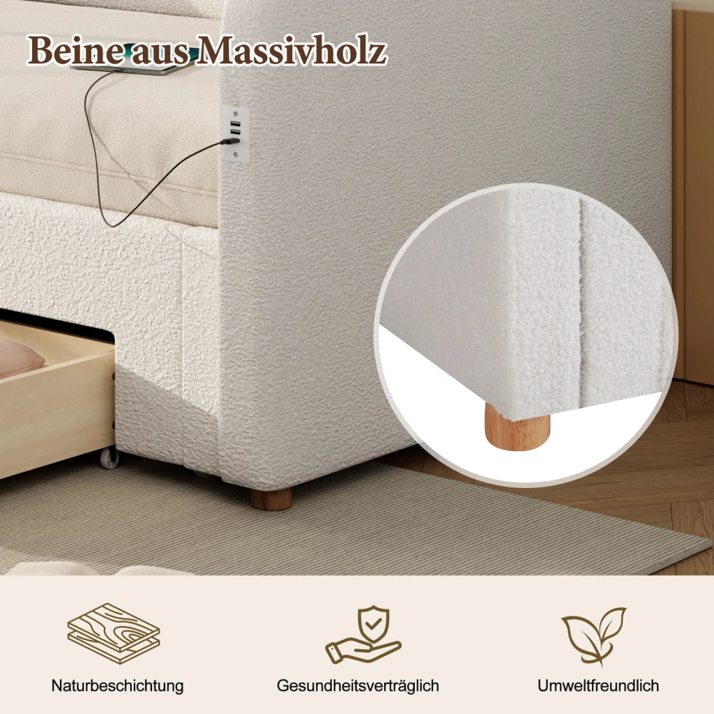 Divano letto con letto estraibile e cassetti, 90x200 cm, bouclé beige